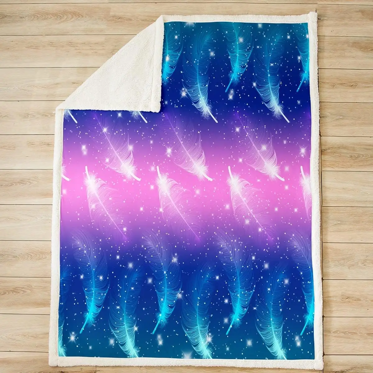 Feather Throw Blanket Watercolor Purple Blue Blankets for Kids Girls Boys Teens Room Decor Fantasy Starry Galaxy Fleece