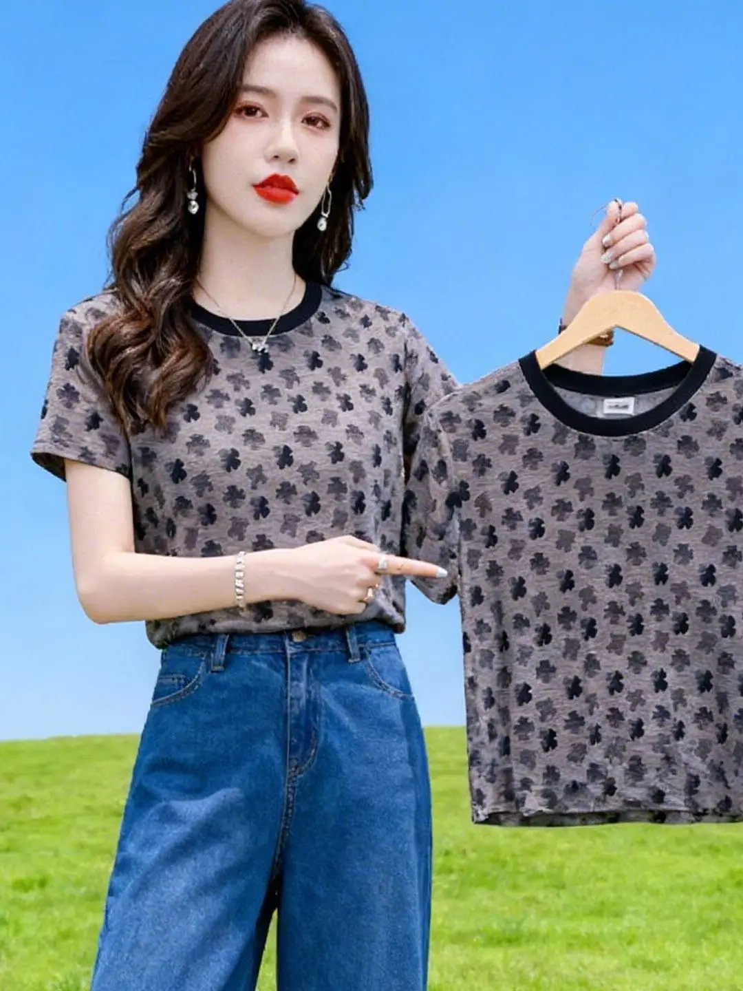 

Свободная женская футболка в корейском стиле с коротким рукавом, красивый дизайн, повседневная модная модель из полиэстера с принтом для женщин