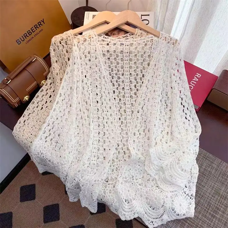 Spring New Beach Sunscreen Shirt Women\'s Pure Cotton Hollow Knitted Cardigan Versatile Western Style Coat