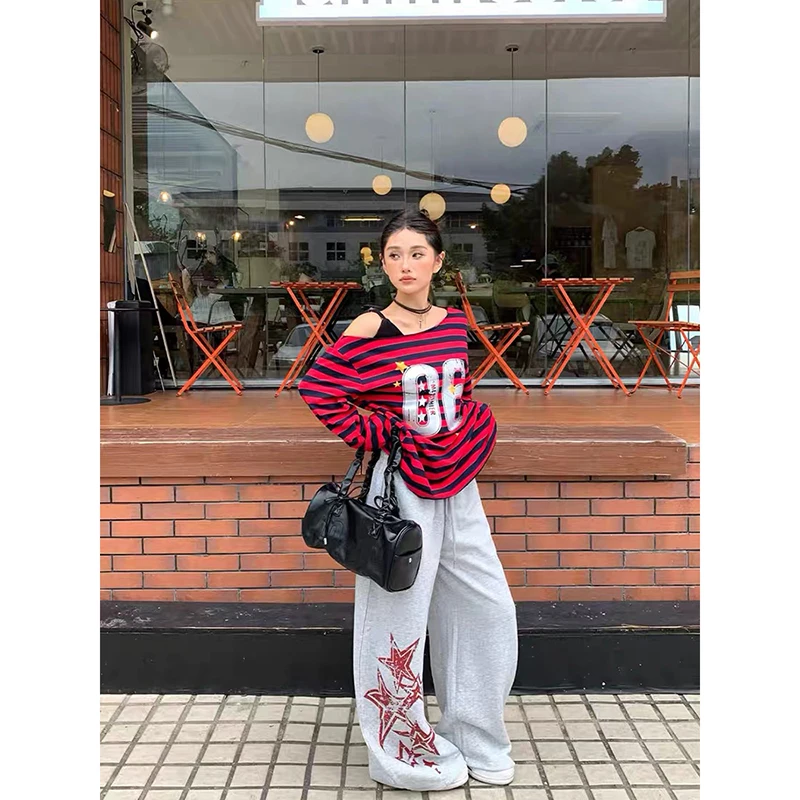 YIBASHU, широкие брюки в американском стиле со звездами и буквенным принтом, женские осенне-зимние серые спортивные штаны в стиле ретро в стиле хип-хоп