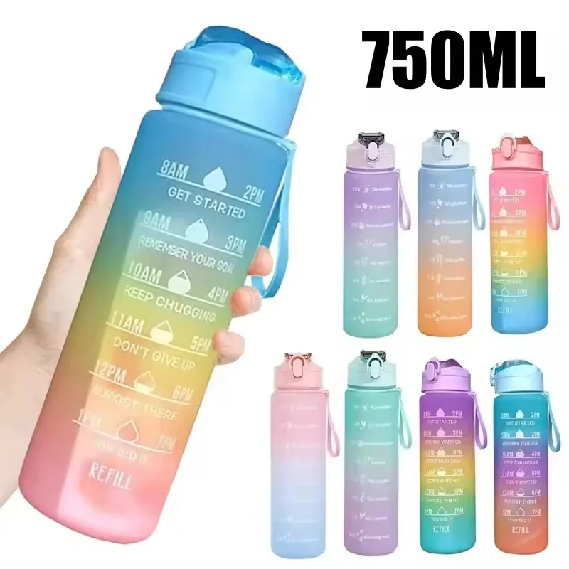 750ml Sports Water Bottle High Temperature Resistant Graduated Straw Cup Rainbow Frosted Progressive Color Water Cup Plastic Cup