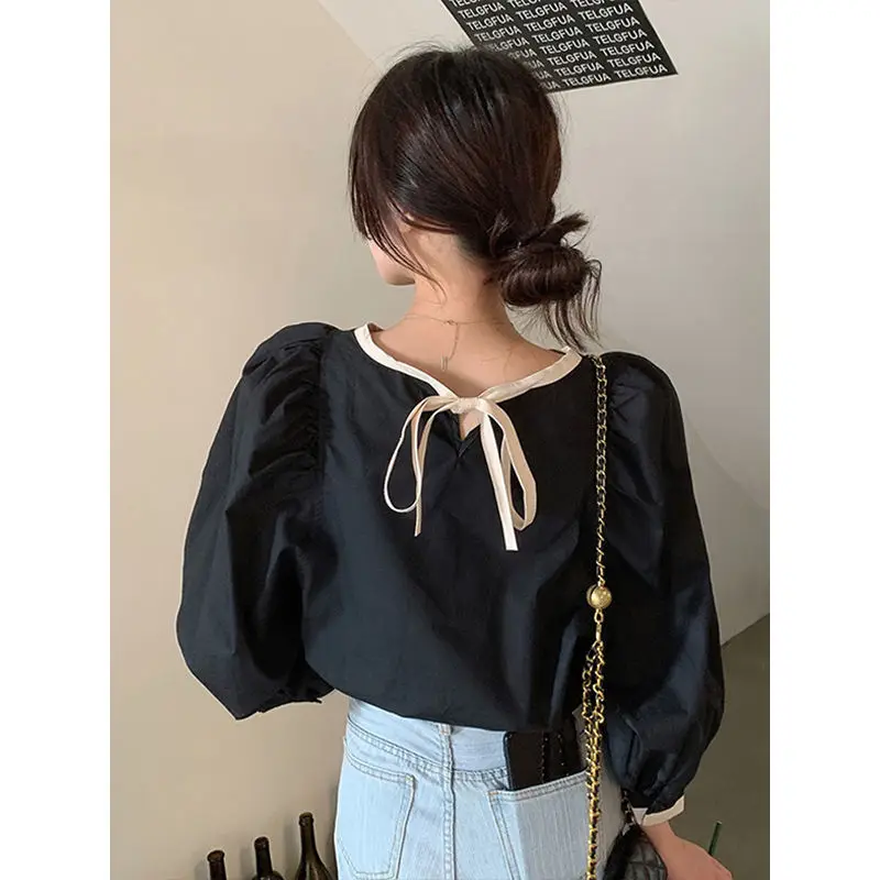 

Рубашки с длинным рукавом, женские блузки на пуговицах во французском стиле, рукава-фонарики, плиссированный подол, минималистичный консервативный женский повседневный весенний стиль