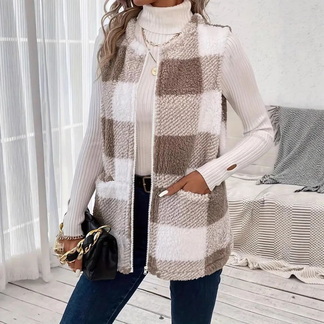 Plaid Thick Coat Regular Fit Elegant Chic with Zipper Closure Winter Collarless Printed Mid Long Length Commuter Chic Women Vest