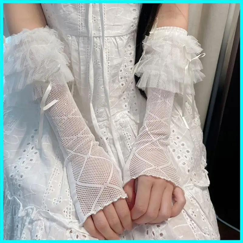 Lace Ruffle Y2k Gloves Fingerless Gloves Mittens JK Women Mesh Bowknot Black White Gloves