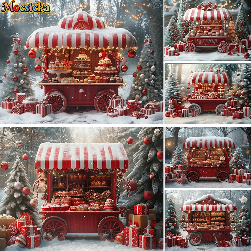 Christmas Candy Stand Photography Background Winter Forest Snow Gift Box Decor Kids Adult Family Portrait Photo Backdrop Studio