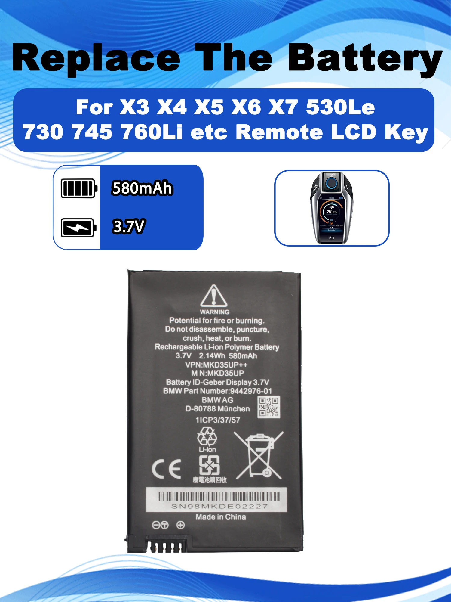 MKD35UP Rechargeable Battery For With BMW 5 6 7 Series GT X3 X4 X5 X6 730 740 745 530 LCD Display Remote Control Car Key 6814351