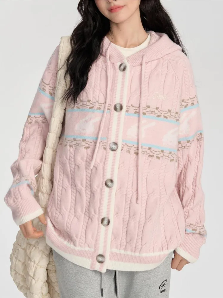 

2025 Casual Cardigans Sweater Pulls Femmes Coat Fresh Sweet Homewear Commuting Long Sleeves Hooded Fashion Printed Simple Style