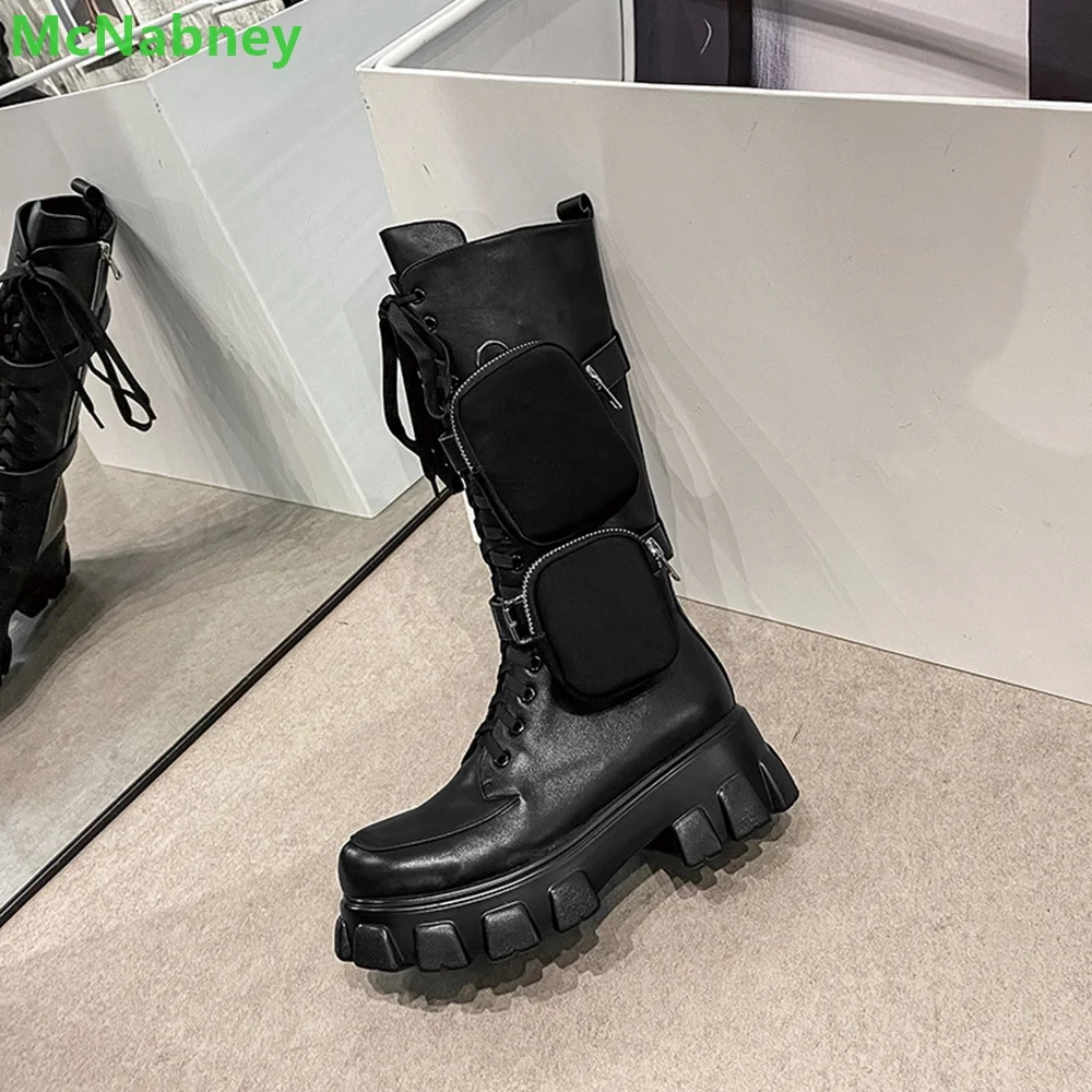 Black Package Design Thick Sole Boots For Female Women Luxury Round Toe Lace-up Mid-calf Handmade Fashion Solid All-match Shoes