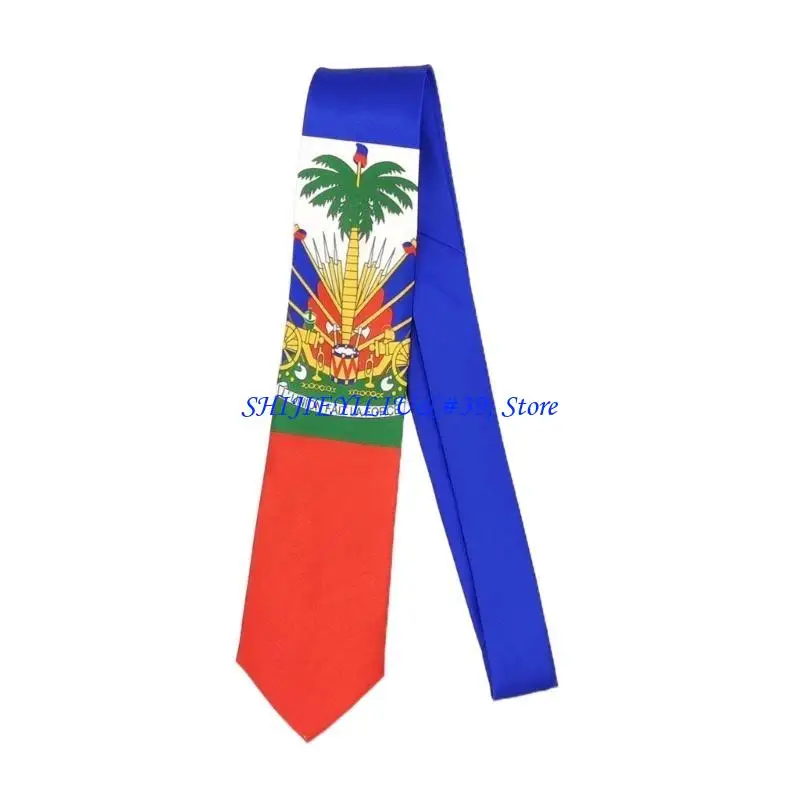 E21F Mens Women Polyester Silk Neck Tie American British Haiti Patriotics Pattern Necktie Shirt Uniform Neckwear for Party