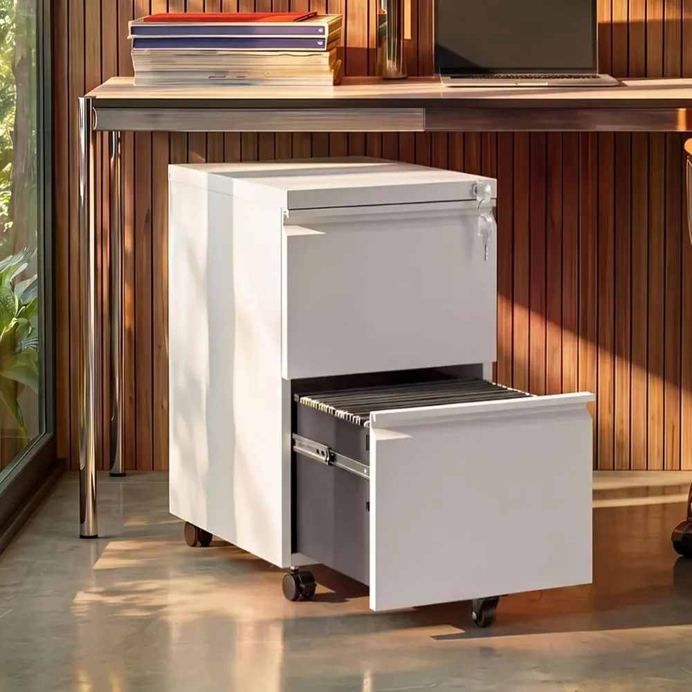 Fully Assembled Commercial Metal Filing Cabinet with Lock and Casters, White for Office Use