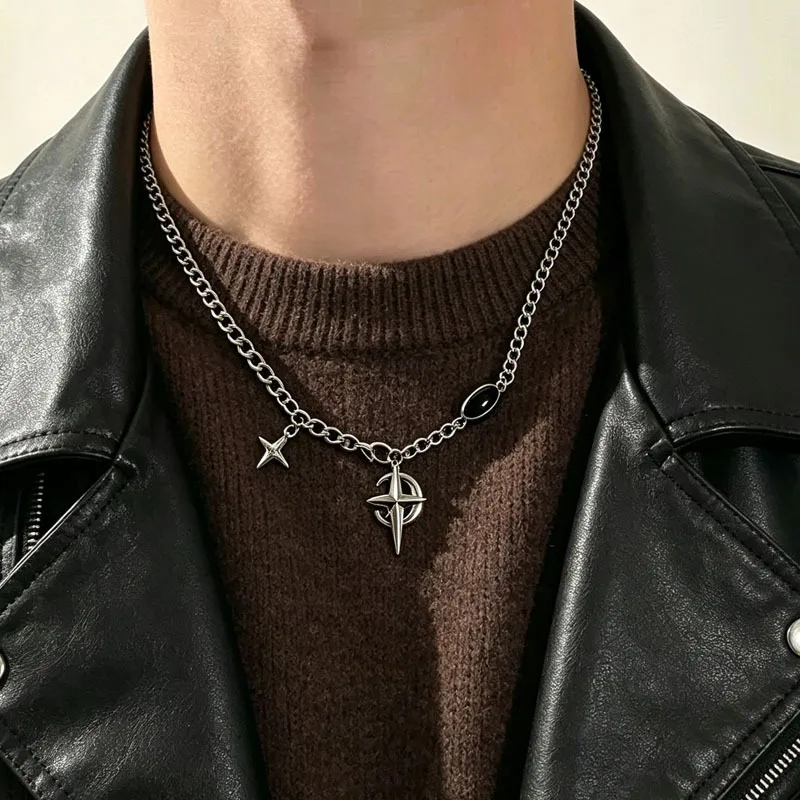 New Y2K Cuban Figaro Chain Star Moon Pendant Necklace Men Punk Black Zircon Chain Choker Necklace For Men Jewelry Gifts