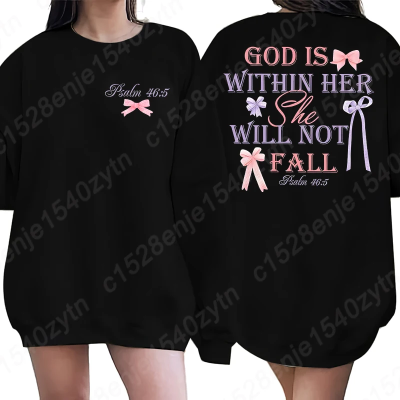 Bow & God Is Within Her She Will Not Fall Letter Print Sweatshirts, Christian Quote Sweatshirts, Women's Oversized Sweatshirt