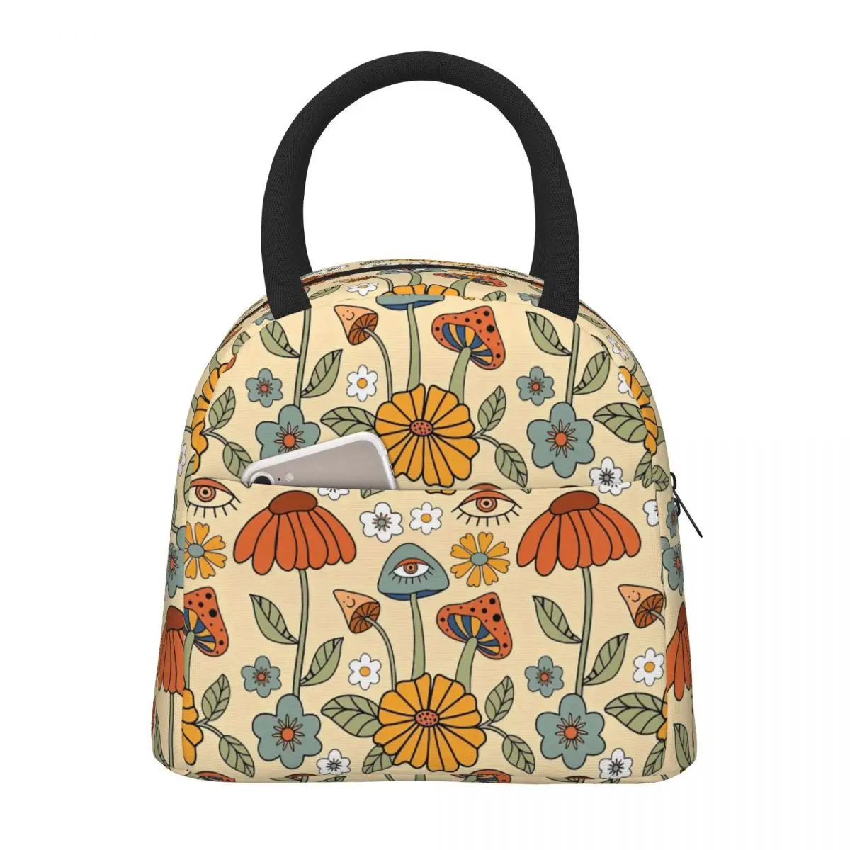 Retro Boho Mushroom Lunch Bag Women Insulated Kawaii Portable Reusable Waterproof Cute Lunch Bags for Women