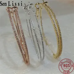 SENLISSI-100 % 925 Sterling Silver Clear Zunderes sur Simple Fashion Hoop Boucles d'oreilles pour femmes filles Anti-allergie 18K Fine Jewelry Gifts