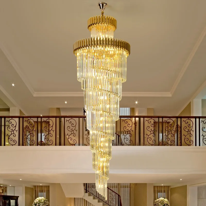 Post modern chandeliers, gold light luxury staircase lights, villa lights, black crystal lights, corner staircase 3-meter long l