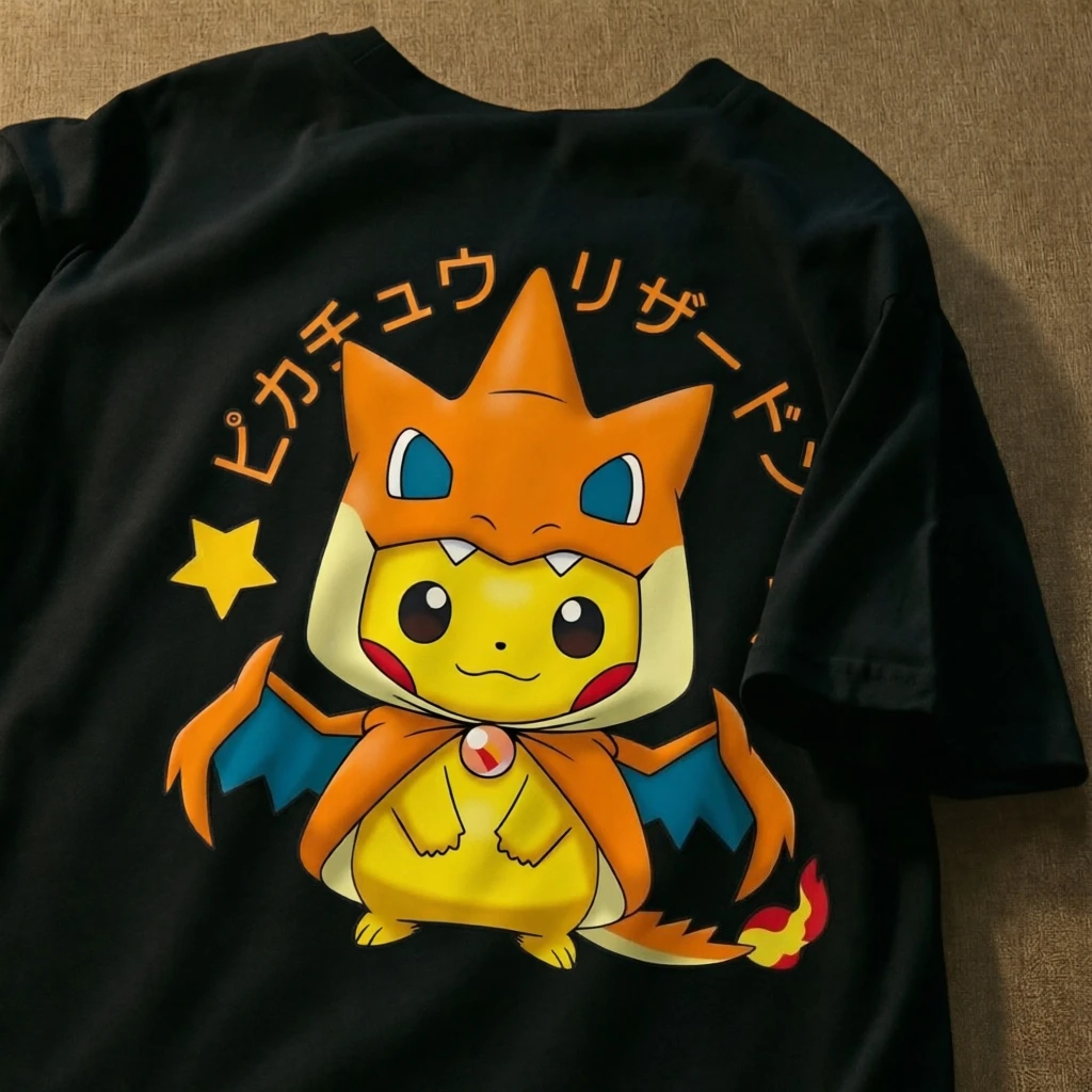 Cute Pokemon Pikachu in Charizard Costume Graphic Tee 100% Cotton Men Women Summer Loose Casual Anime Short Sleeve  T Shirts view 2