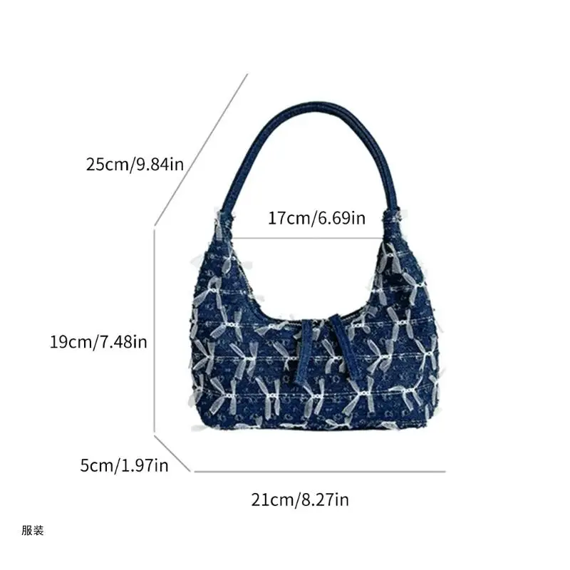 D0UD Sweet Lace Bowknot Denims Underarm Bag Single Shoulder Handbag for Women Korean Vintage Zippered Armpit Bag Purse