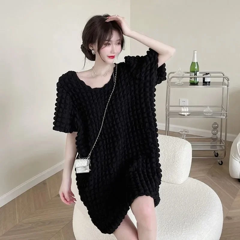 Short Sleeve Dress Women Stretchy Straight Young New Arrival Ins Leisure Fashion Korean Style Vestidos Tender Knee-length Chic