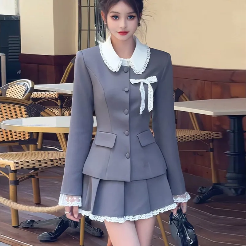 Elegant Two-piece Skirt Set Women Long Sleeve Single Breasted Blazer Coat Lace Pleated Mini Skirt Autumn Korean Fashion Outfits