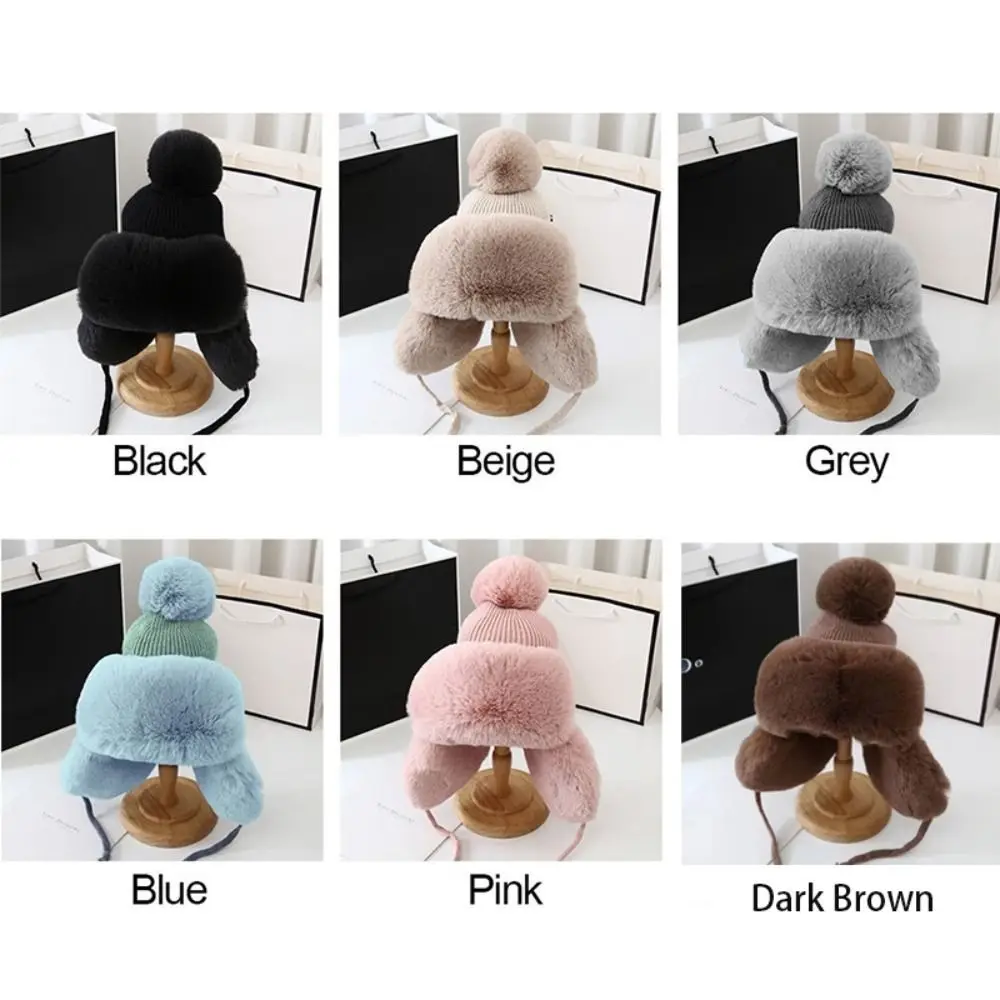 Fashion Winter Warm Earflap Hat Plush Knitted Bomber Trapper Hat Windproof Faux Fur Ear Protection Hat Women Outdoor Winter Gift