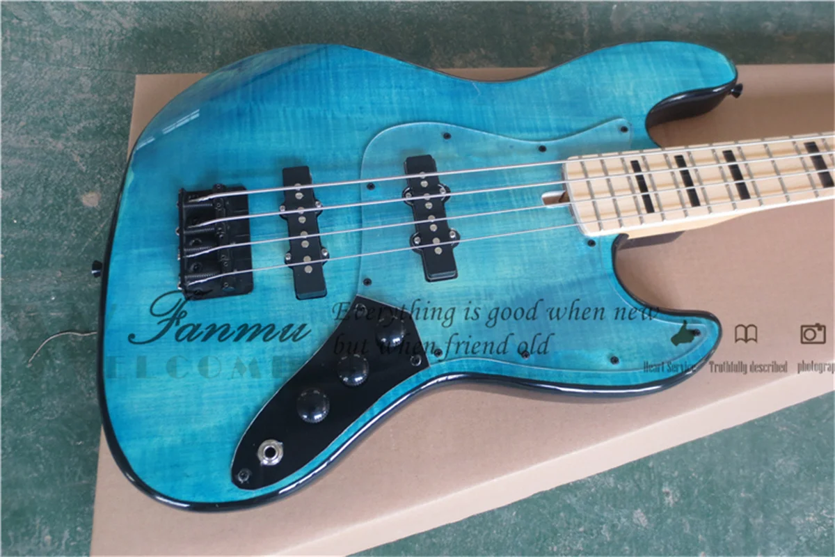 4-string electric bass guitar, clear blue JB bass flamed maple veneer, maple fretboard white binding, black buttons