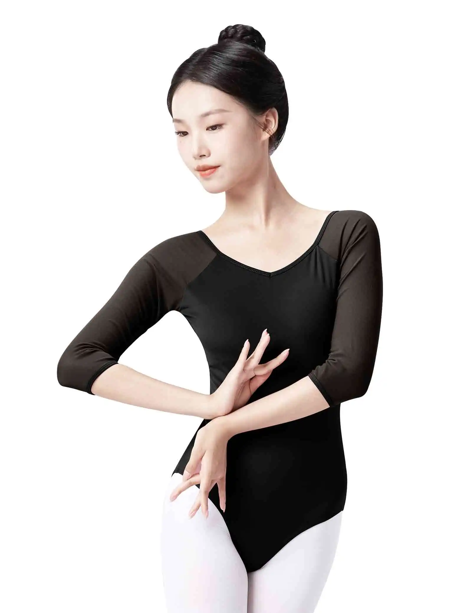 Women Black Ballet Leotards 3/4 Sleeve Dance Leotard Soft Mesh Splicing Gymnastic Bodysuit Adult Ballerina Outfits