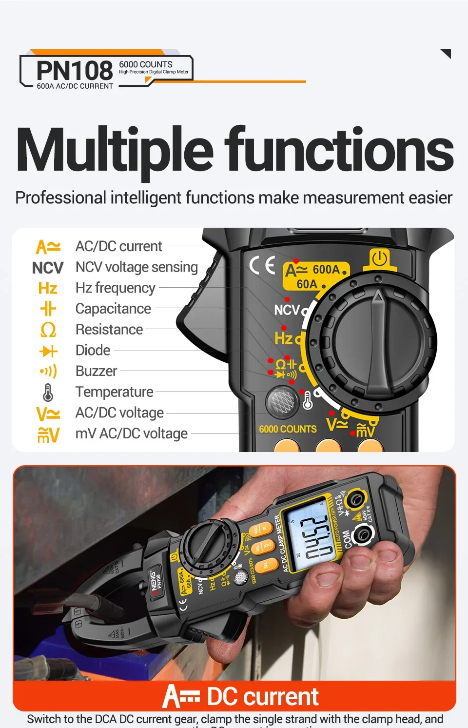 Zangenmessgerät Multimeter 6000 Zählt AC/DC Spannungsprüfer ANENG PN108 600 A Strom Widerstand Kapazität Hochpräzises Testwerkzeug – Detail 12