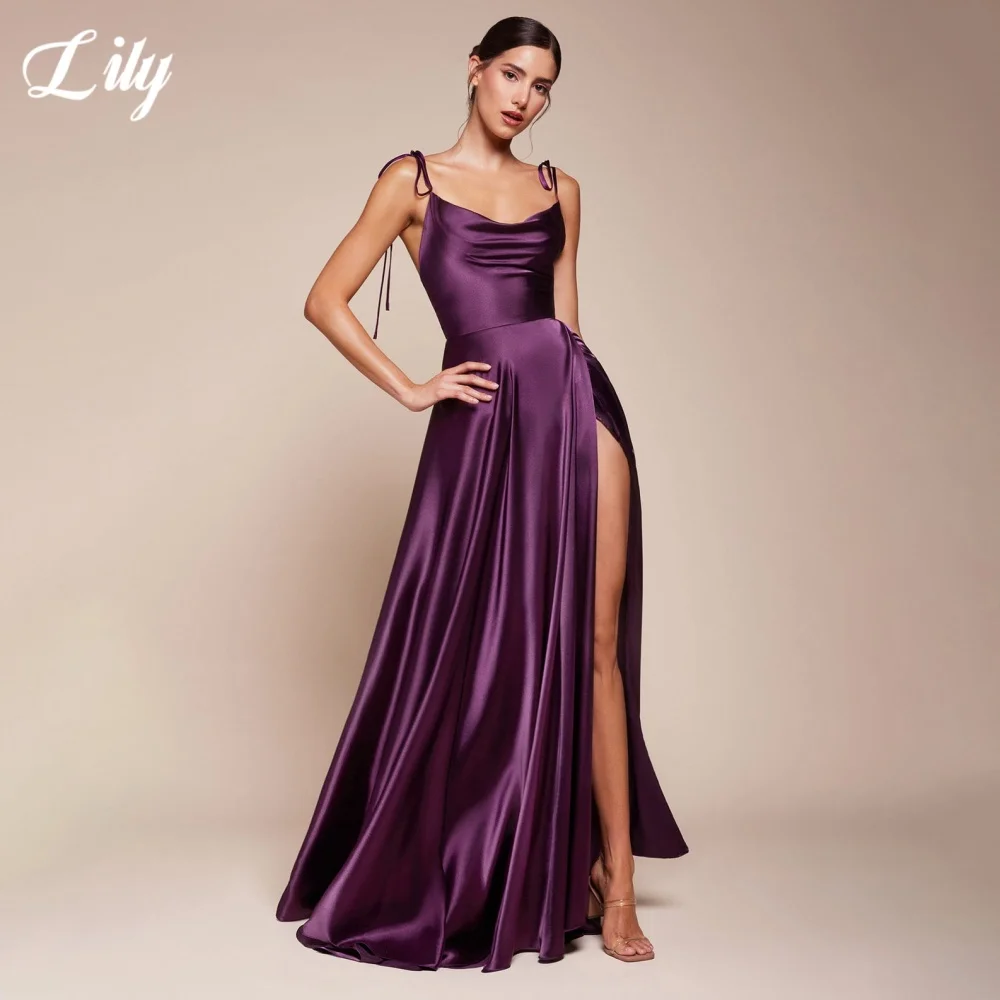 Lily Sexy Simple Style Prom Dress Scoop Spaghetti Straps Prom Gown Satin Side High Split Formal Gown for Woman 프롬 드레스 Customized