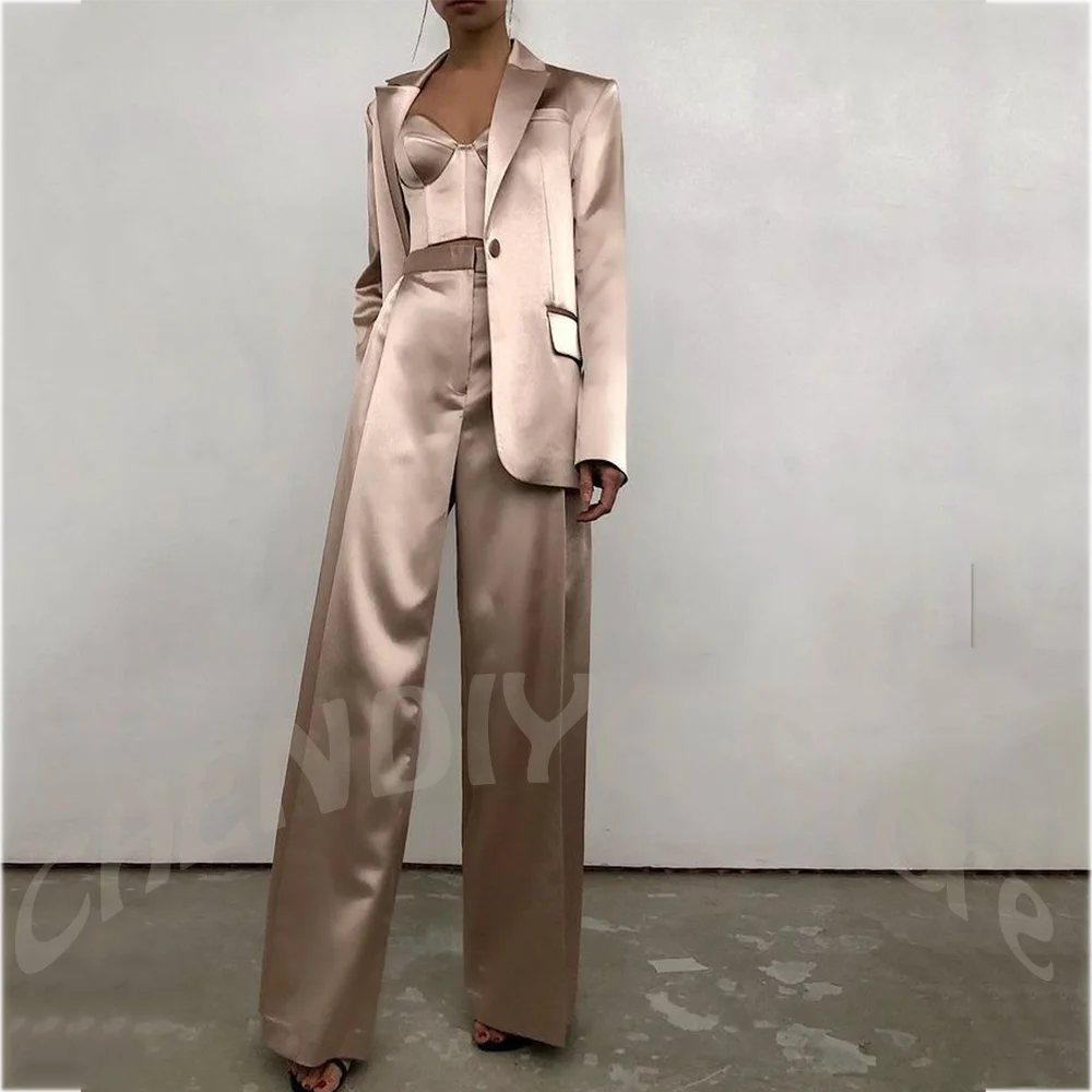 High End Satin Women Suits Jacket Pants Tailored Fit Peak Lapel Single Button Straight Fit Modern Lady Fashion Clothes Set