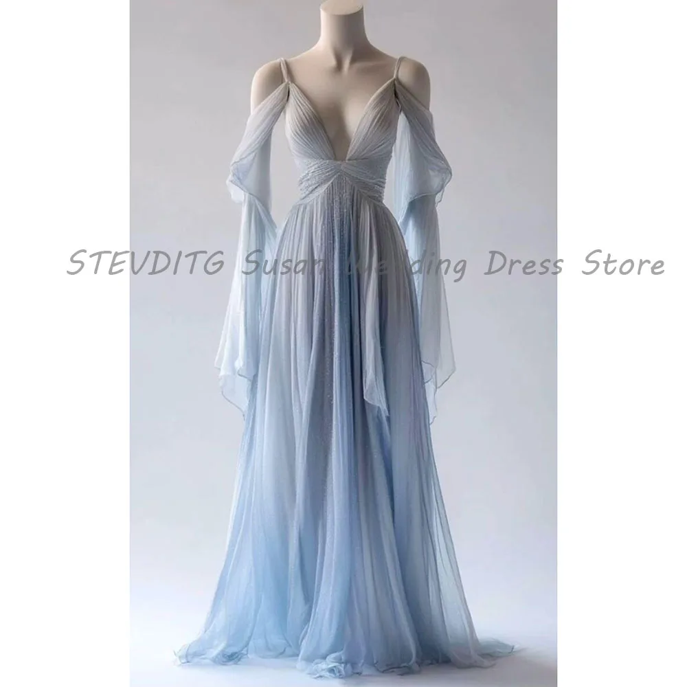 Blue Evening Dresses Women Spaghetti Strap High Quality Long Sleeves V Neck A Line Sweep Train Celebrity Female Gowns Classic