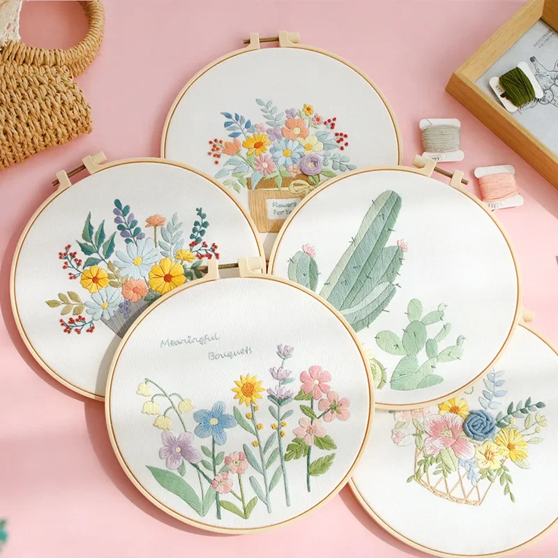 Flower Embroidery Starter Kit DIY Cross Stitch Set for Beginner Plant Sewing Art Craft Painting Home Decor Embroidery Set