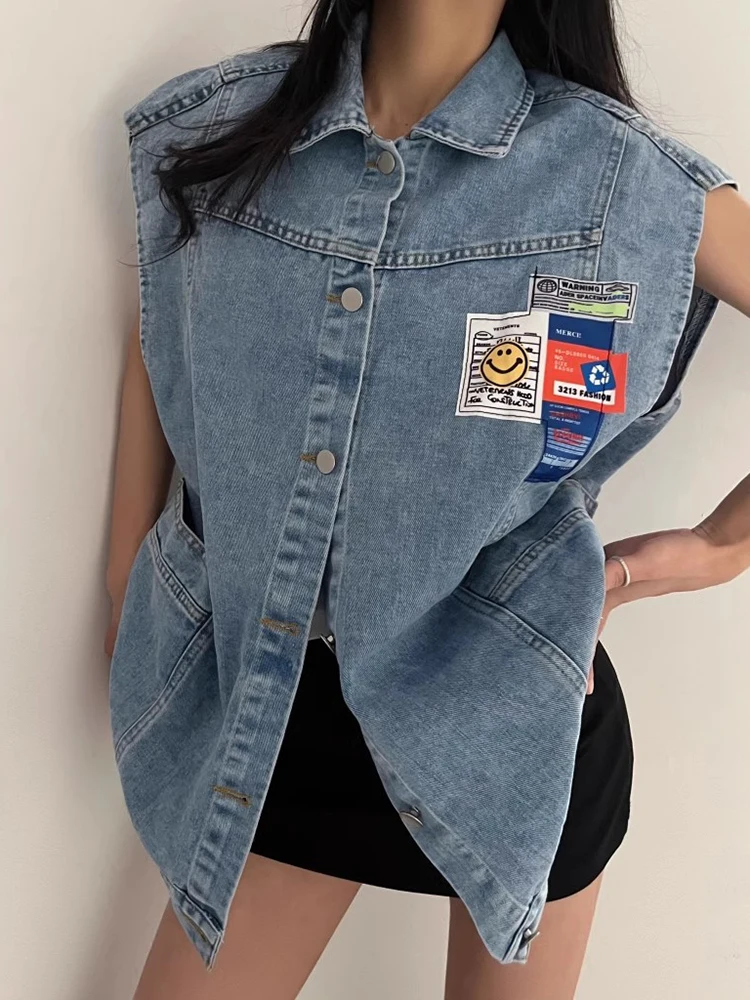 

Chic Vintage Early Spring Loose Women's Denim Vest Jaet with Patchwork Cartoon Letters Single Button Casual Outerwear