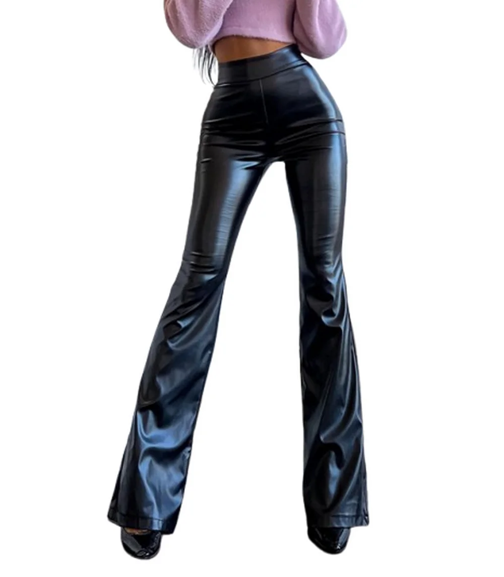 Faux Leather Flared Legging  Long High Waist  for Women Stretchy Shiny Leggings Bell Bottom Pleather Fit Tall Pleather Pants