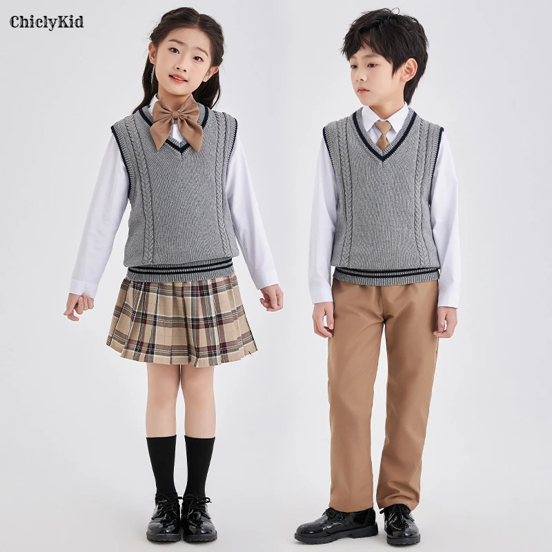 Kids School Uniforms Boys Shirt Suit Pants Girls Blouse Pleated Skirts Children British Korean Kindergarten Students Clothes Set