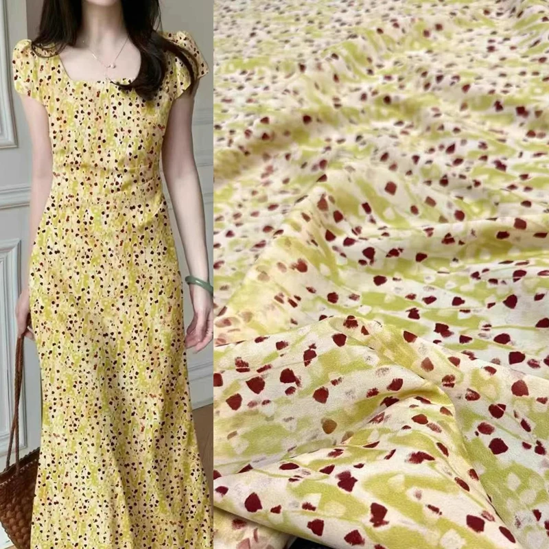 140CM Wide 18MM Silk Crepe de Chine Fabric for DIY Sewing Soft Elastic Floral Printed Yellow Dress Shirt Pajamas Pants R2357
