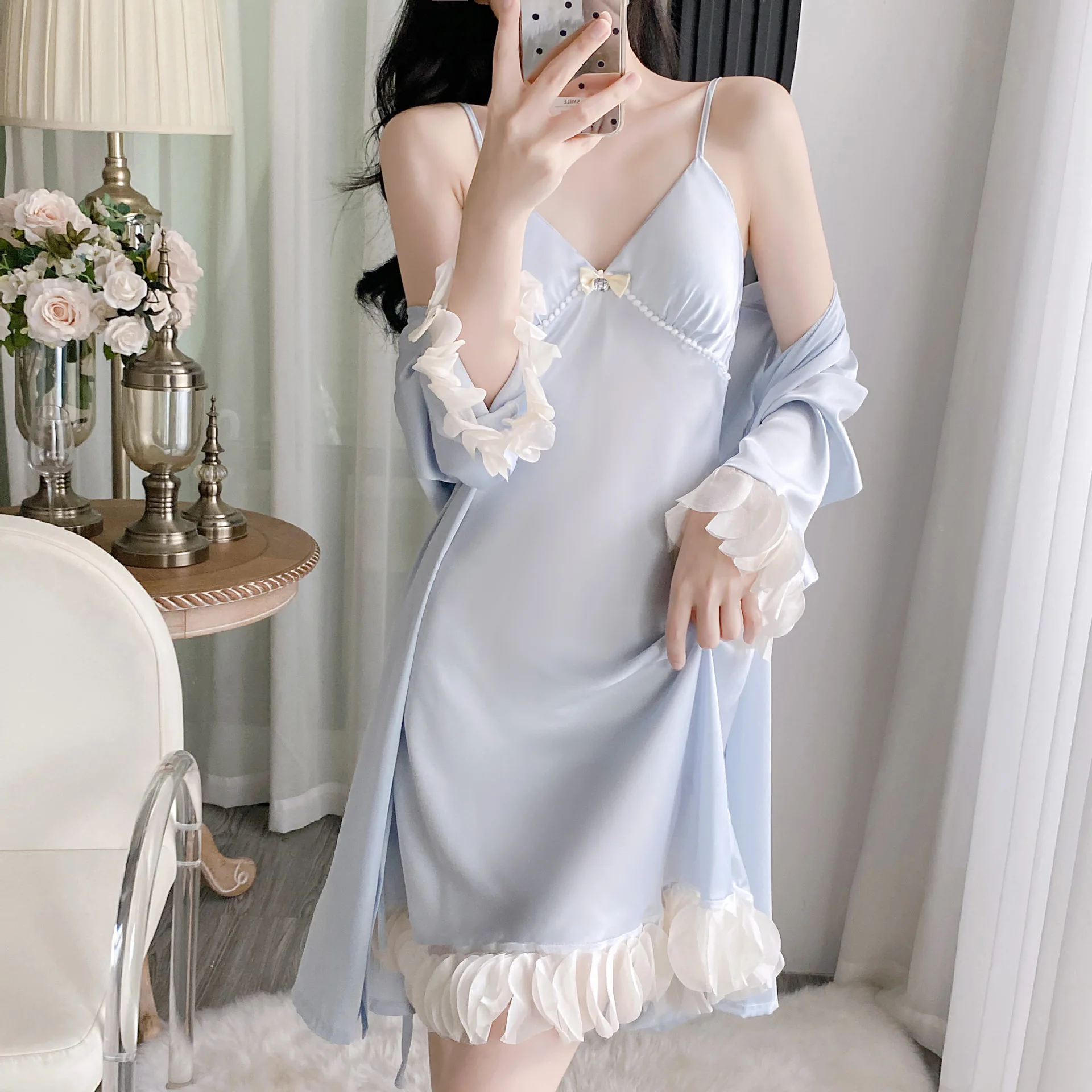 

2Pcs Sexy Lace Lingerie Silk Satin Nightgowns Robes Sets for Women 2025 Summer Korean Bathrobes Sleepwear Nightdress Night Dress