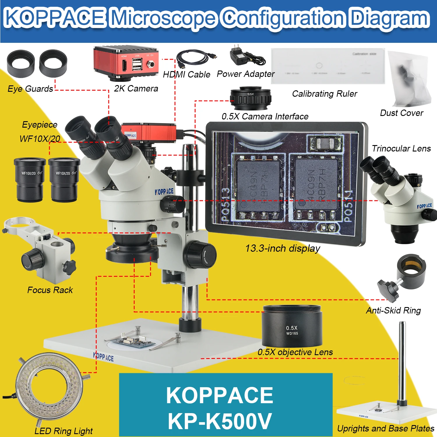 KOPPACE 14X-95X Stereoscopic Measurement Microscope can capture images and videos with 13.3-inch Display