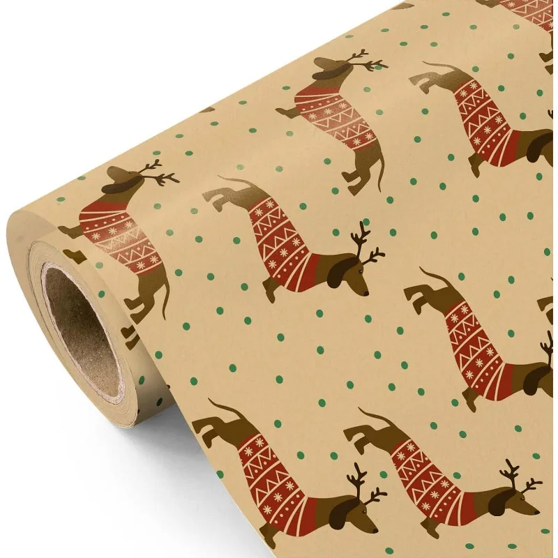 Christmas Wrapping Paper Roll - Kraft Gift Wrap With Dachshund Dogs In Sweaters, Snowflakes, For Pet Lovers, Holiday Packaging