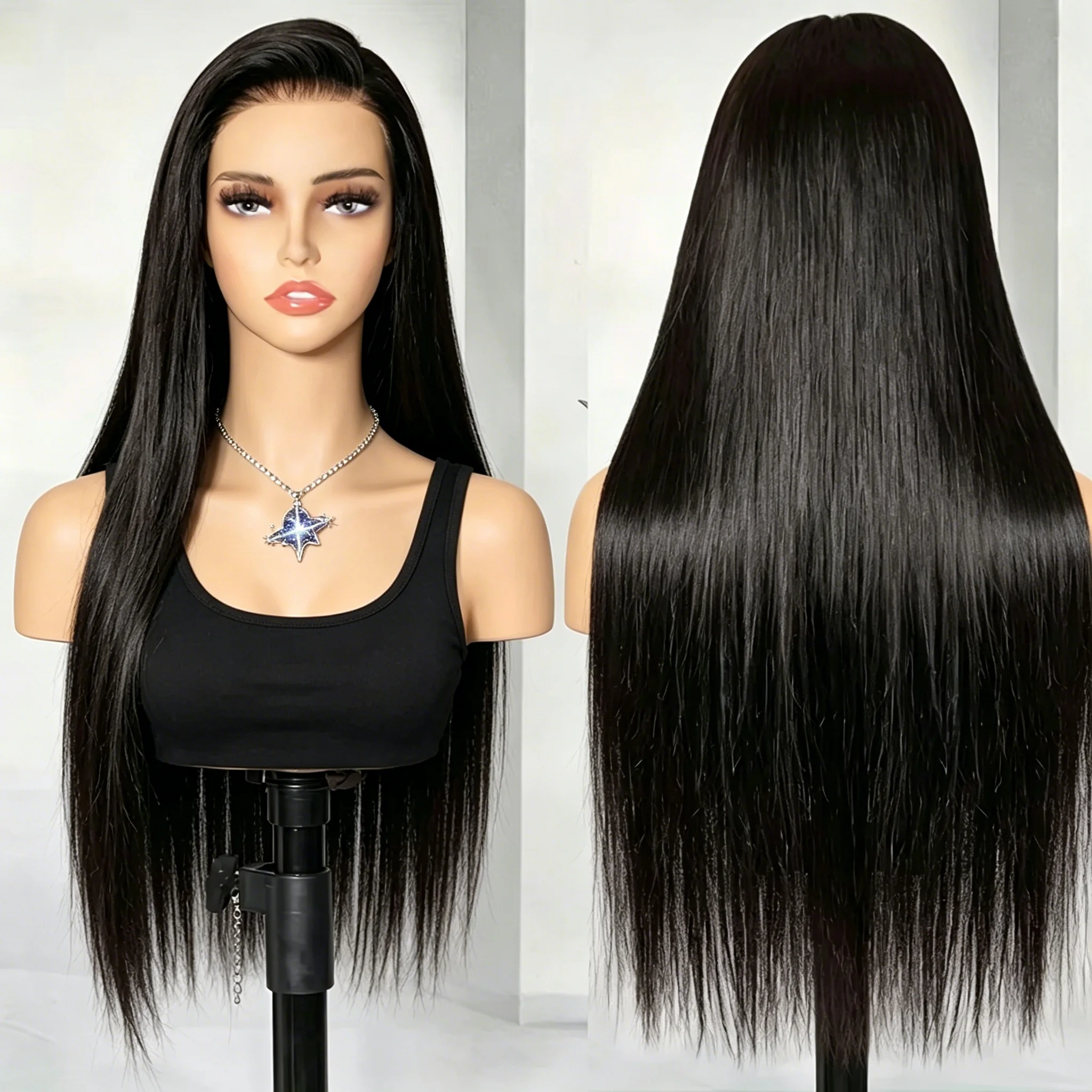 

Long Straight Black Synthetic Lace Front Wig, Pre-Plucked Hairline, Heat Resistant Glueless Wig for Women Daily Wear