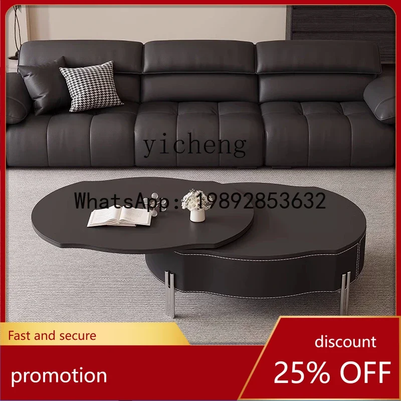 YFYblack rock slab saddle leather coffee table household retractable rotating multifunctional coffee table