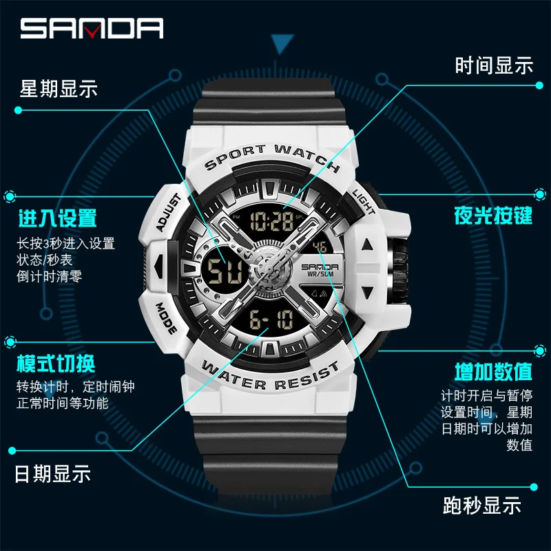 Free Shipping OUTLETSSanda Electronic Multi-Functional Men's Teen Watch Outdoor Sports Waterproof Shockproof Alarm Clock W