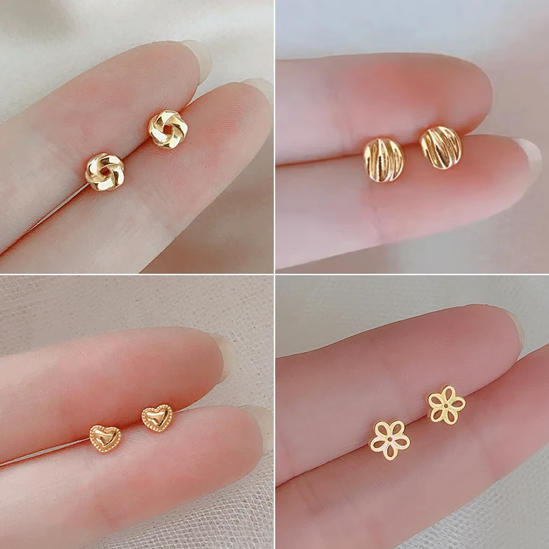 Minimalist Hollow Small Flower Stud Earrings For Women Girls Gold Color Cute Heart Cartilage Tragus Ear Piercing Jewelry Gift