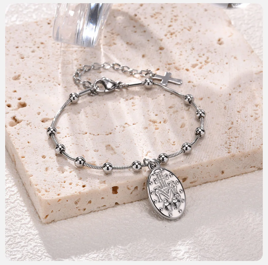 Vnox Rosenkranz Armband für Frauen Mädchen, vergoldete Edelstahl religiöse Kreuz und Virgin Mary Gebets armbänder Geschenke – Detail 8