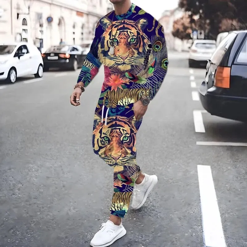 Fashion Tiger Cheetah 3D Print Men Sportswear Set Casual Long-Sleeved T Shirt Pants 2-Piece Set Oversized Pullover Men Clothing