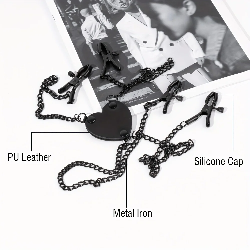 مشابك صدر معدنية مع جلد على شكل قلب للنساء والأزواج ، أربع سلاسل سوداء ، مشبك قابل للتعديل ، ألعاب جنسية للبالغين SM ، متعة