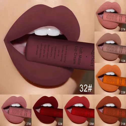 Imagen 2 del producto Marca QIBEST, 34 colores, resistente al agua, mate, lápiz labial desnudo, pigmento rojo oscuro, negro, brillo de labios de larga duración, maquillaje para mujer, brillo de labios
