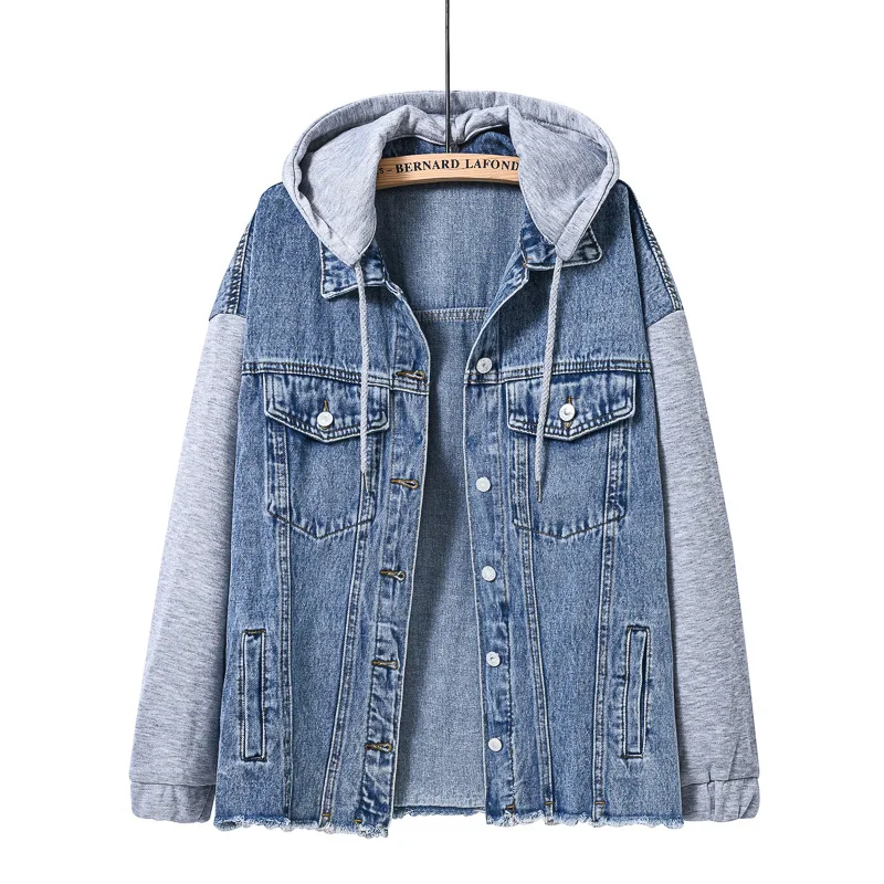 

Fresh and Sweet Style Denim Patchwork Jacket, New Spring and Autumn Women's Long-sleeved Jacket with Loose Detachable Cap Design