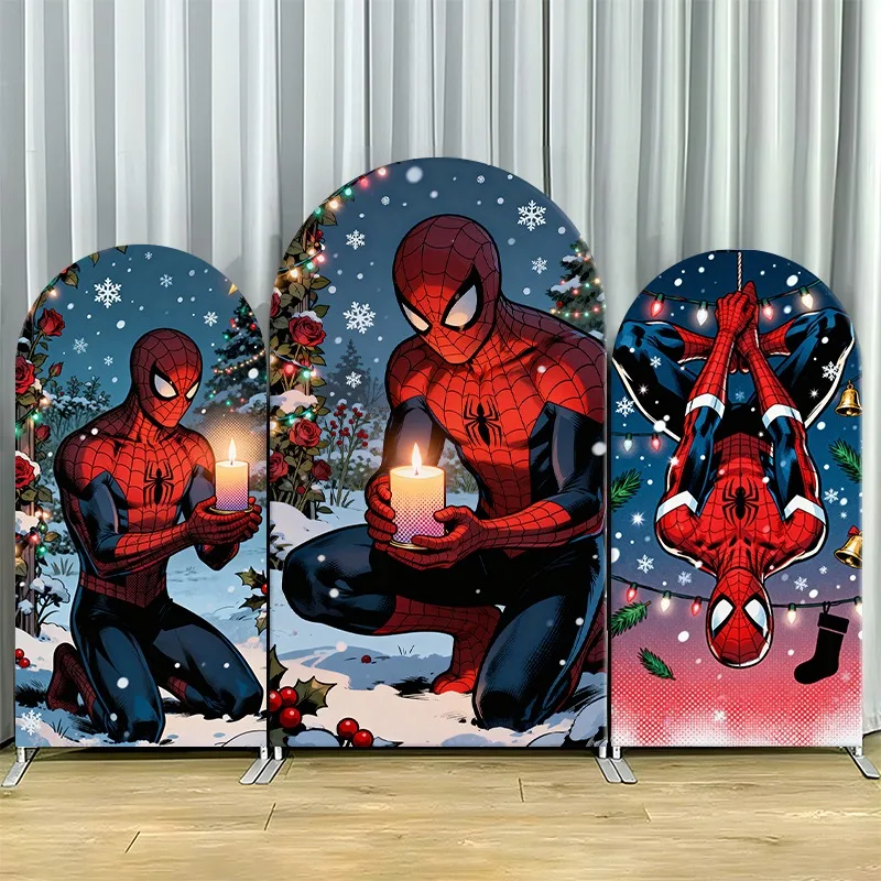 

Arch Backdrop Cover Single Side Spider Man Holiday Snowy Christmas Trees Candles Party Decoration Photo Booth Background Props