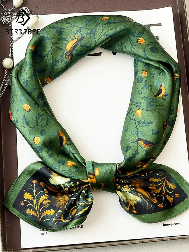 BirdTree, 100%Real Slik Elegant Kerchief, 68cm Printed, Mom Gift Commute Retro Temperament Scarf, 2024 Summer Autumn A48179QC
