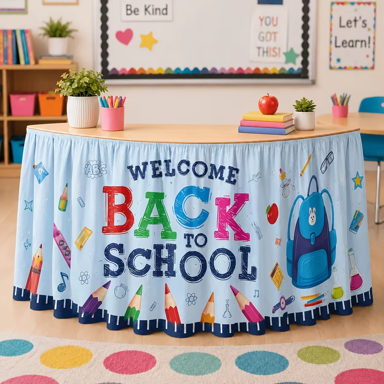 Back-to-school theme table skirt with cartoon learning supplies print - washable tablecloth skirt